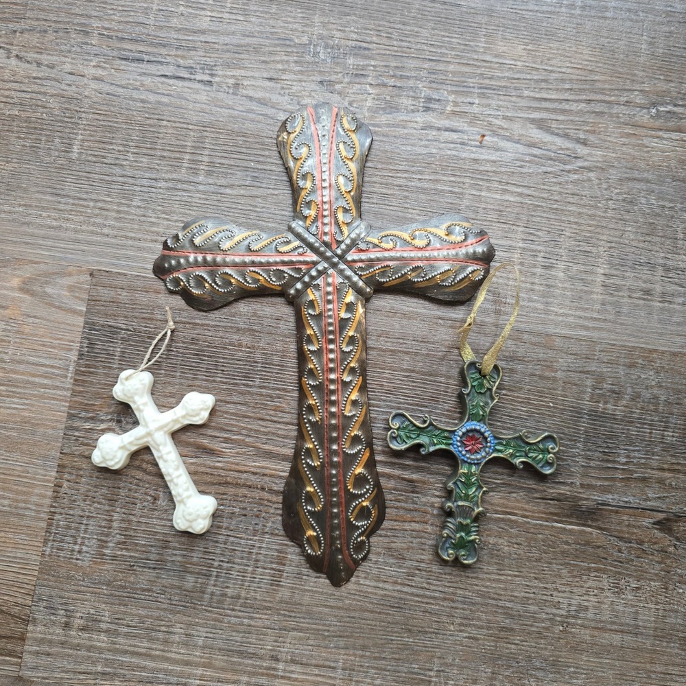 Vintage Style Decorative Cross Set 3pc Metal Embossed Resin Floral White Ceramic